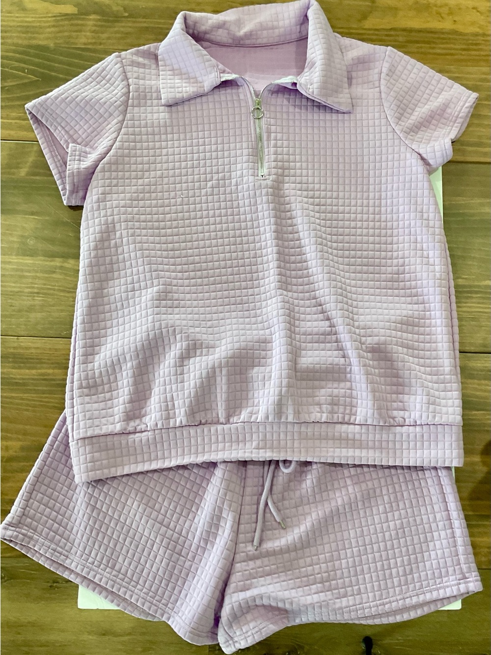 Lilac Textured Short Sleeve Zip Polo and Shorts Set